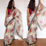 White Kota Silk Saree with Beautiful Floral Prints - Image 2