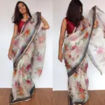 White Kota Silk Saree with Beautiful Floral Prints - Image 4