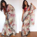 White Kota Silk Saree with Beautiful Floral Prints - Image 5