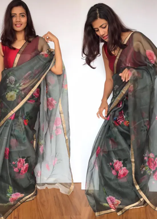 Grey Kota Silk Saree with Beautiful Floral Prints