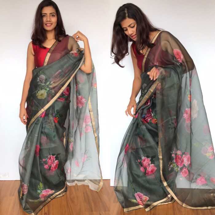 Grey Kota Silk Saree with Beautiful Floral Prints