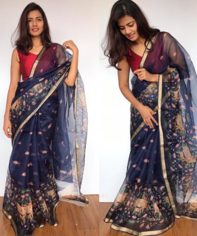 Navyblue Kota Silk Saree with Beautiful Floral Prints