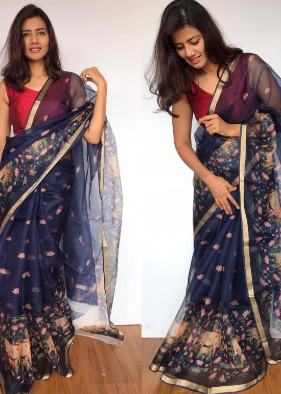 Navyblue Kota Silk Saree with Beautiful Floral Prints