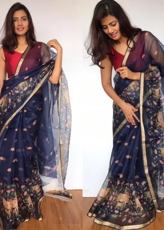 Navyblue Kota Silk Saree with Beautiful Floral Prints
