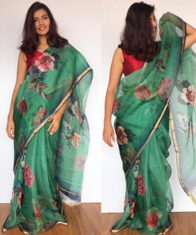 Forest Green Kota Silk Saree with Beautiful Floral Prints