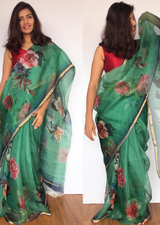 Forest Green Kota Silk Saree with Beautiful Floral Prints