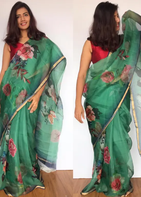 Forest Green Kota Silk Saree with Beautiful Floral Prints