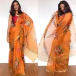 Dark Orange Kota Silk Saree with Beautiful Floral Prints - Image 2