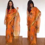 Dark Orange Kota Silk Saree with Beautiful Floral Prints - Image 3