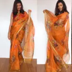 Dark Orange Kota Silk Saree with Beautiful Floral Prints - Image 4