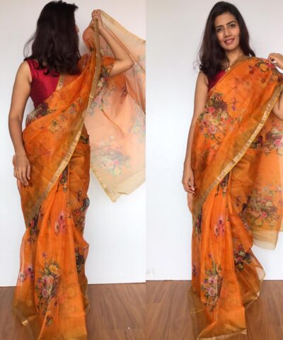 Dark Orange Kota Silk Saree with Beautiful Floral Prints