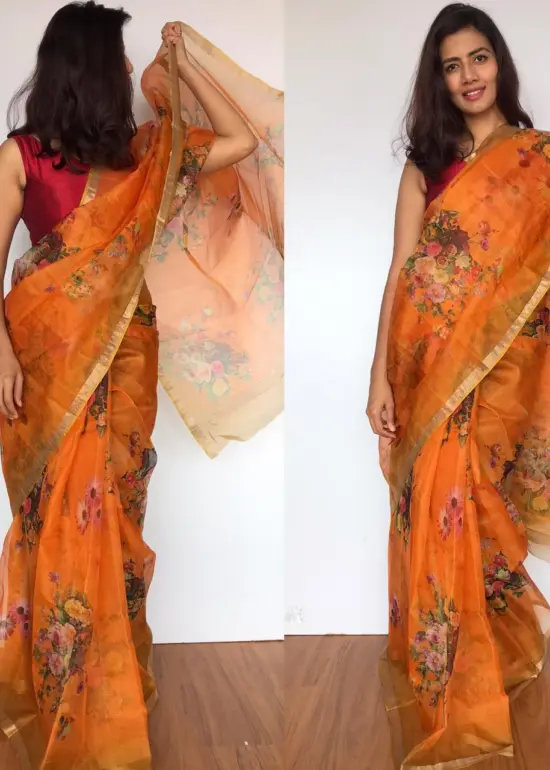 Dark Orange Kota Silk Saree with Beautiful Floral Prints