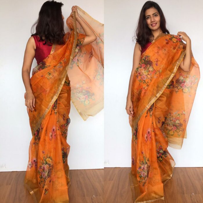 Dark Orange Kota Silk Saree with Beautiful Floral Prints