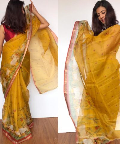 Dark Yellow Kota Silk Saree with Beautiful Floral Prints