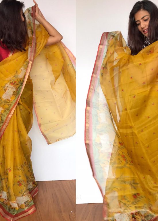 Dark Yellow Kota Silk Saree with Beautiful Floral Prints