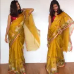 Dark Yellow Kota Silk Saree with Beautiful Floral Prints - Image 4