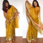 Dark Yellow Kota Silk Saree with Beautiful Floral Prints - Image 3