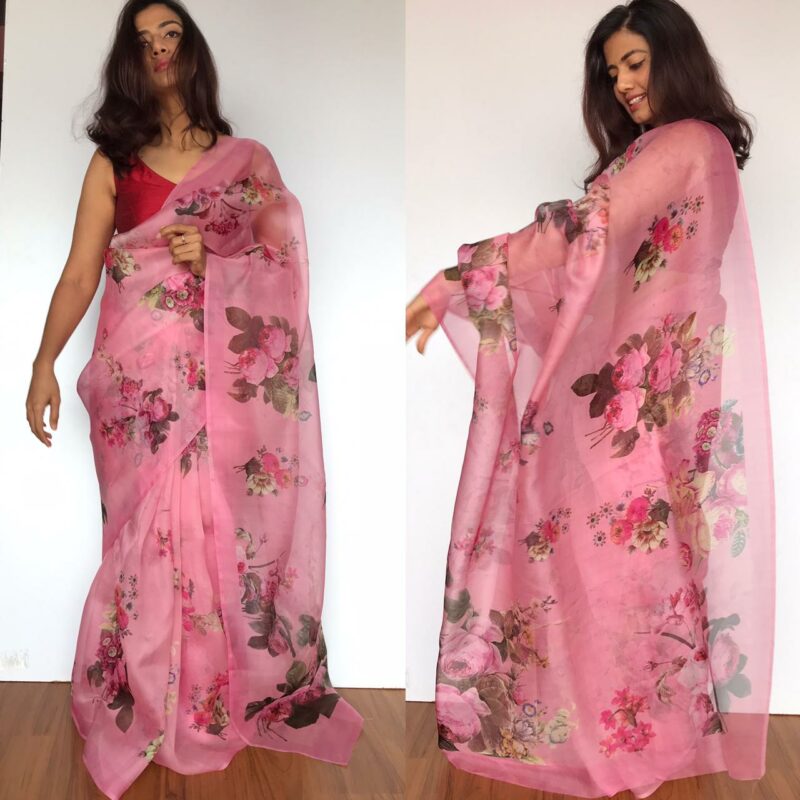 Pink Organza Saree with Printed Florals