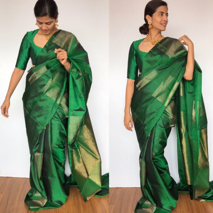 Bottle Green Kanjivaram Silk Saree with Handwoven Gold Silver Zari Weaves with Paisley Motifs