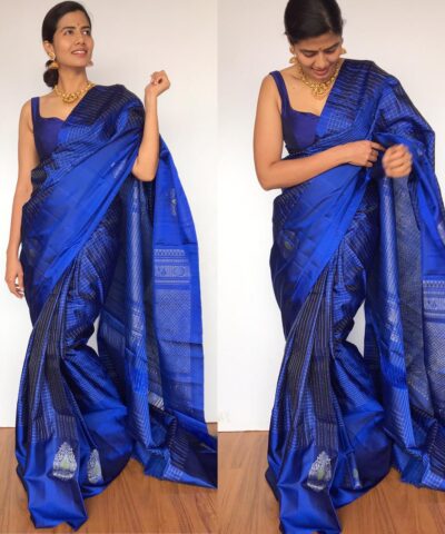 Royal Blue Kanjivaram Silk Saree with Handwoven Gold Zari Checks