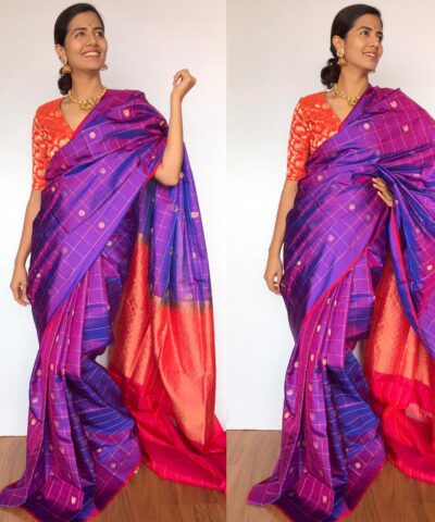 Magenta Kanjivaram Silk Saree with Handwoven Gold Zari Checks with Traditional Peacock Zari Buttas