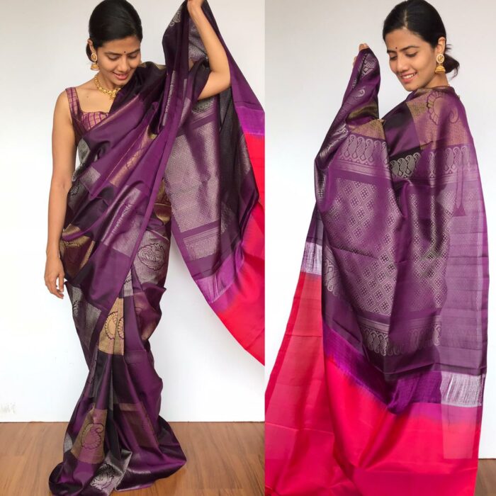 Purple Kanjivaram Silk Saree with Handwoven Gold and Silver Zari Weaves