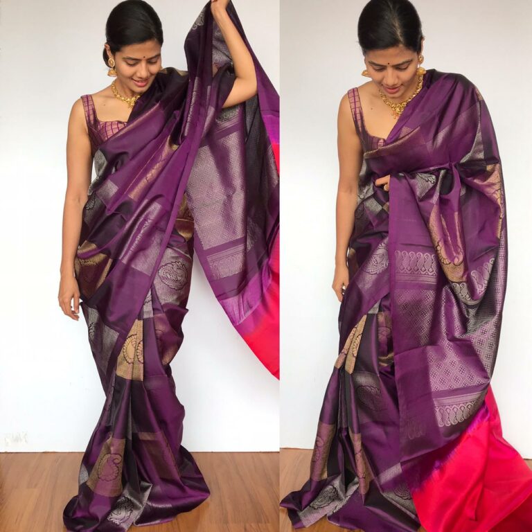 Purple Kanjivaram Saree with Handwoven Gold and Silver Zari Weaves