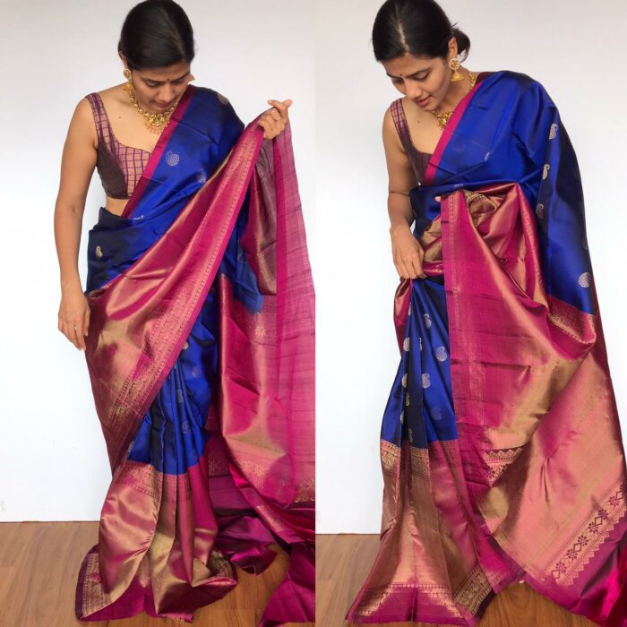 Royal Blue Kanjivaram Saree with Handwoven Gold Zari Weaves