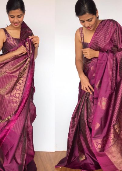 Wine Kanjivaram Silk Saree with Handwoven Gold Zari Checks