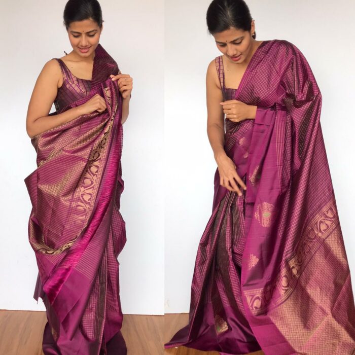 Wine Kanjivaram Silk Saree with Handwoven Gold Zari Checks