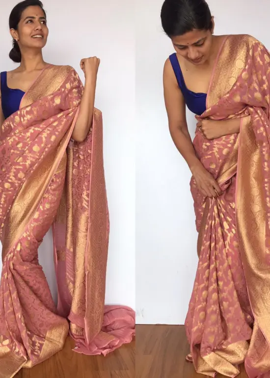 Dusty Pink Banarasi Silk Saree in Georgette adorned with Gold Zari Weaves