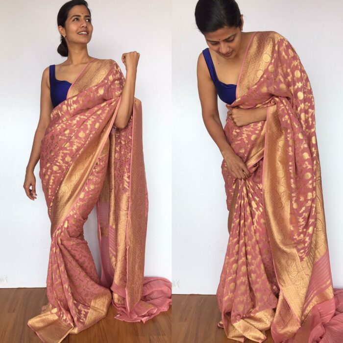 Dusty Pink Banarasi Silk Saree in Georgette adorned with Gold Zari Weaves