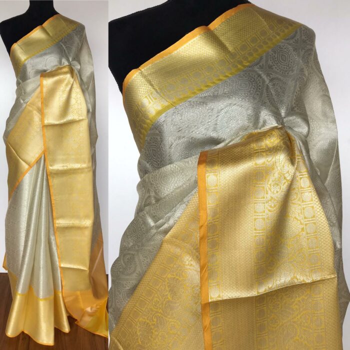 Silver White Kora Silk Saree with Silver Zari Weaves