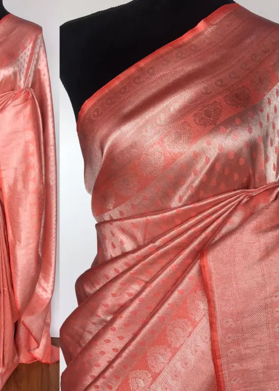 Peach Banarasi Silk Saree with Silver Zari Weaves
