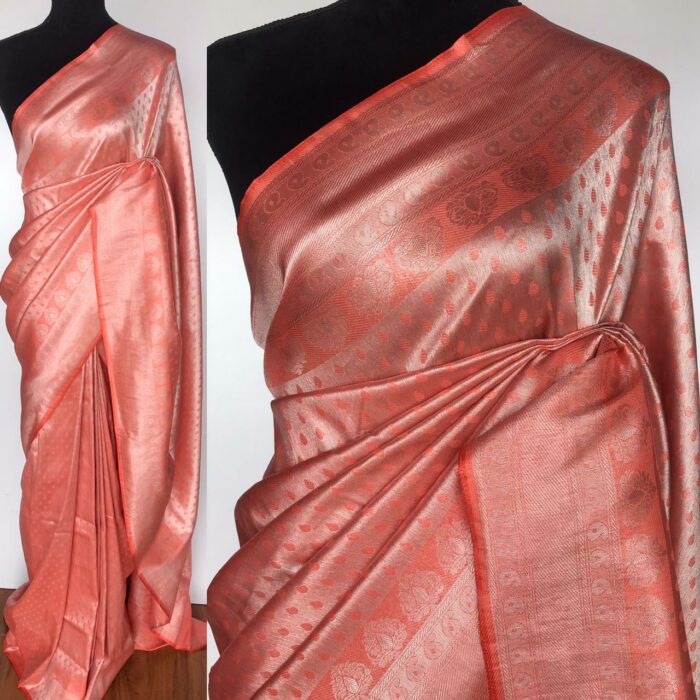 Peach Banarasi Silk Saree with Silver Zari Weaves