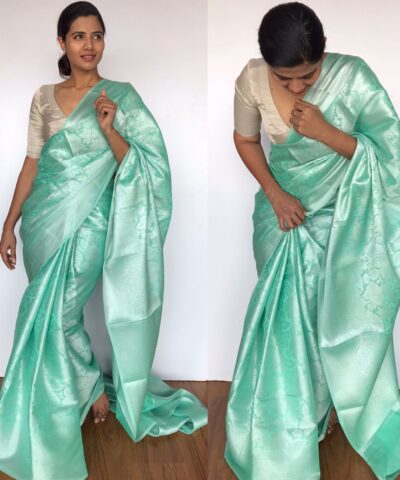 Mint Banarasi Silk Saree with Silver Zari Weaves