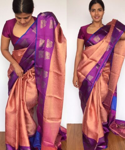 Peach Kora Silk Saree with Gold Zari Weaves