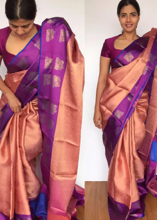 Peach Kora Silk Saree with Gold Zari Weaves