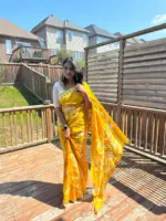 Yellow Pure Silk Saree with Handpainted Florals - Image 7