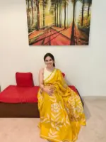 Yellow Pure Silk Saree with Handpainted Florals - Image 8