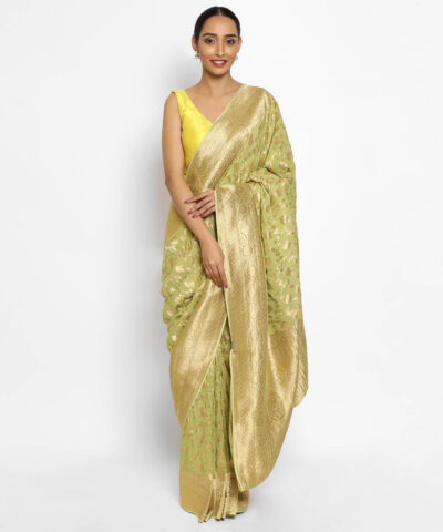 Sea Green Banarasi Silk Saree in Georgette adorned with Gold Zari Weaves