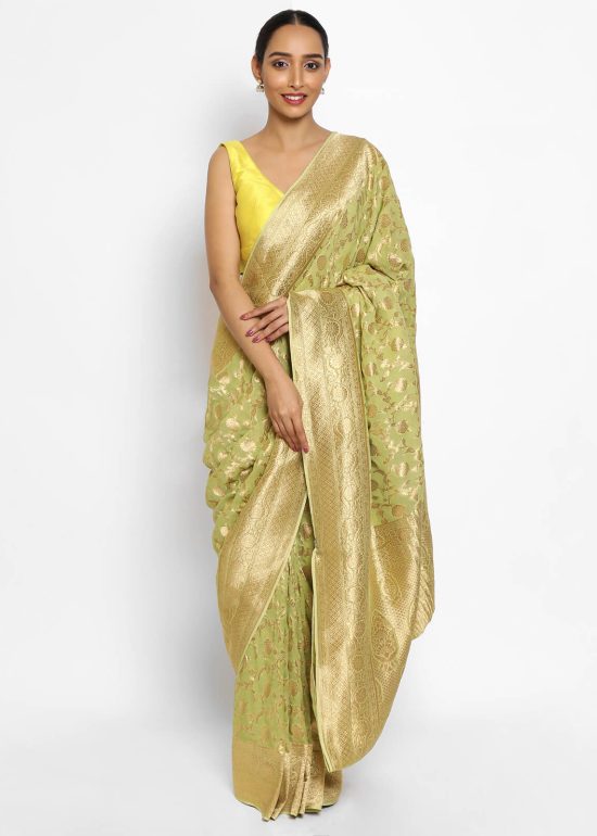 Sea Green Banarasi Silk Saree in Georgette adorned with Gold Zari Weaves