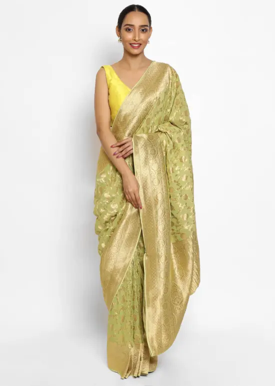 Sea Green Banarasi Silk Saree in Georgette adorned with Gold Zari Weaves