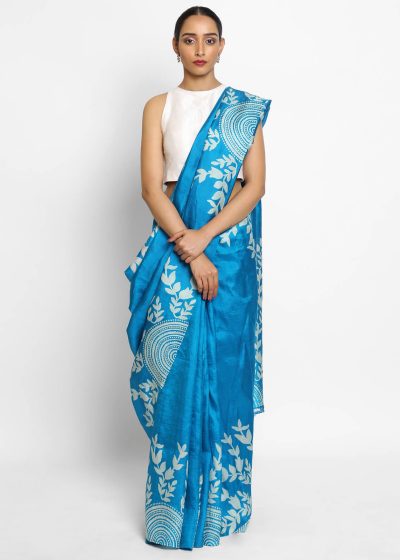 Pure Blue Handpainted Silk Saree