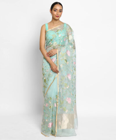 Baby Blue Organza Silk Saree with Beautiful Floral Embroidery