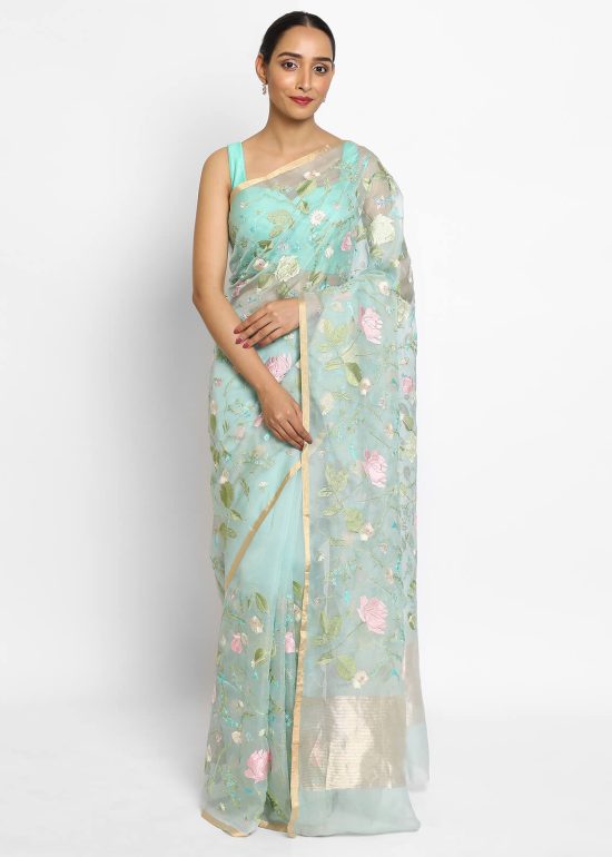 Baby Blue Organza Silk Saree with Beautiful Floral Embroidery