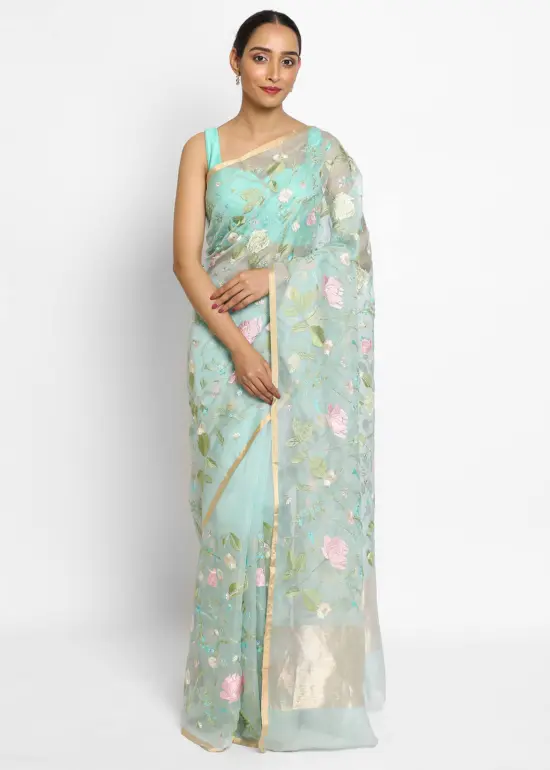 Baby Blue Organza Silk Saree with Beautiful Floral Embroidery