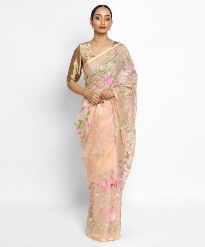 Peach Organza Silk Saree with Embroidery
