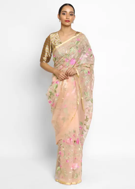 Peach Organza Silk Saree with Embroidery