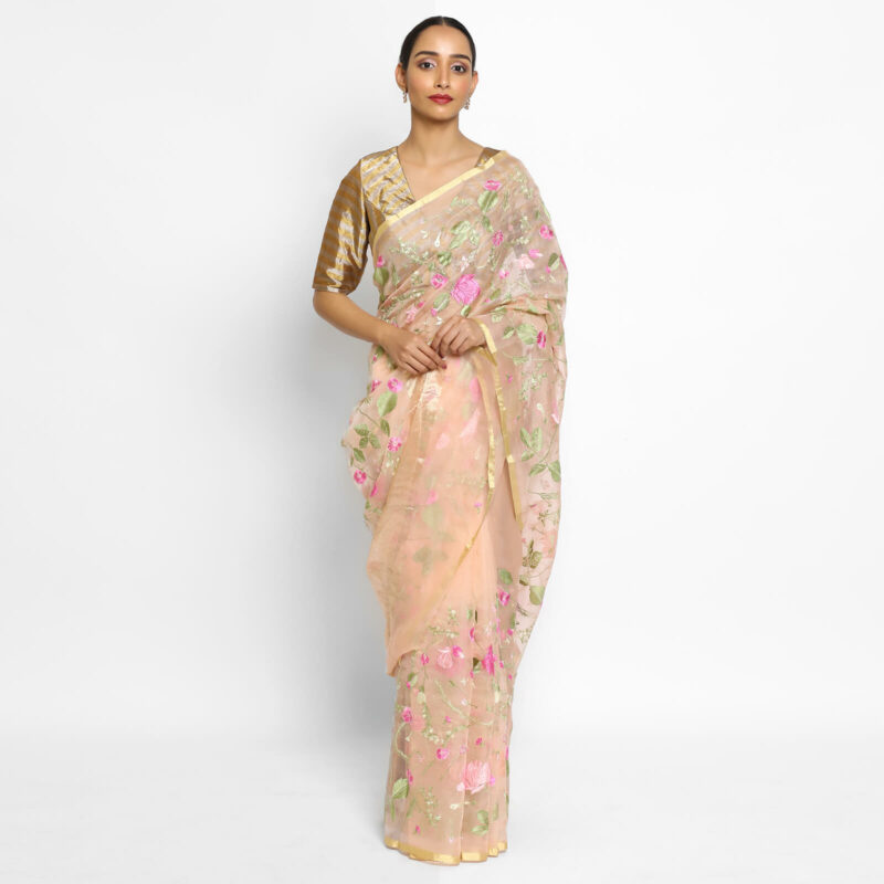 Peach Organza Silk Saree with Embroidery